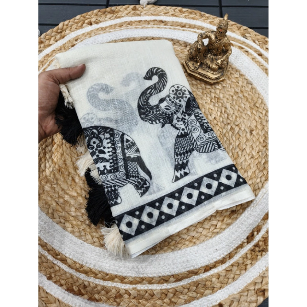 Women's Linen Cotton Printed Saree With Unstitched Blouse 5.5Mtr (Cream &amp; Black)