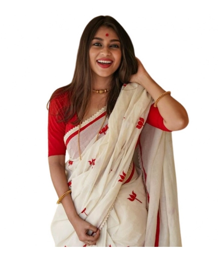 Women's Linen Printed Saree With Unstitched Blouse 5.5Mtr (White)