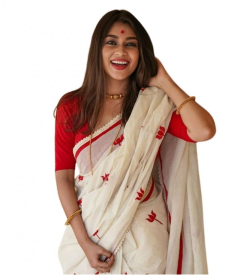 Women's Linen Printed Saree With Unstitched Blouse 5.5Mtr (White)