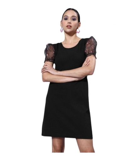 Women's Organza And Polyester Lycra Floral Short Sleeve Dress (Black)
