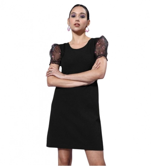 Women's Organza And Polyester Lycra Floral Short Sleeve Dress (Black)