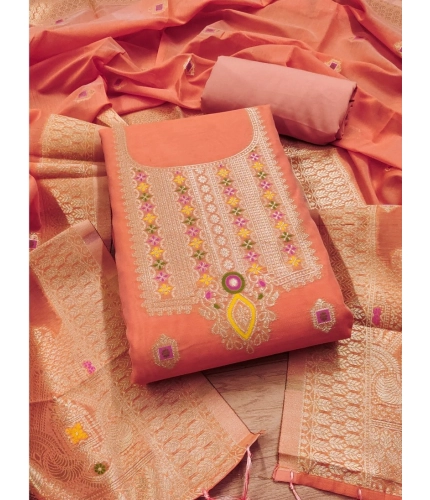 Women's Banarasi Silk Printed Unstitched Salwar Suit Material With Dupatta (Peach, 3Mtrs)