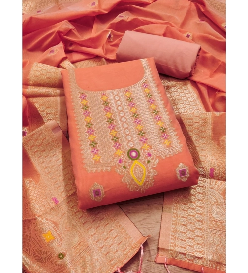 Women's Banarasi Silk Printed Unstitched Salwar Suit Material With Dupatta (Peach, 3Mtrs)