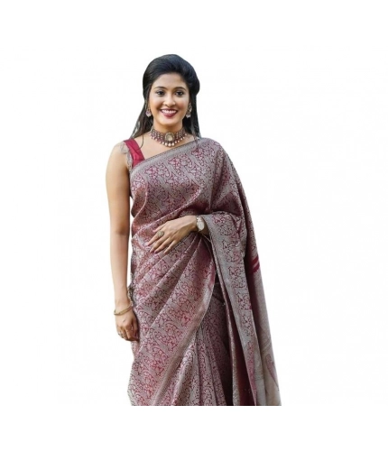 Women's Soft Lichi Silk Printed Saree With Unstitched Blouse 5.5Mtr (Wine)