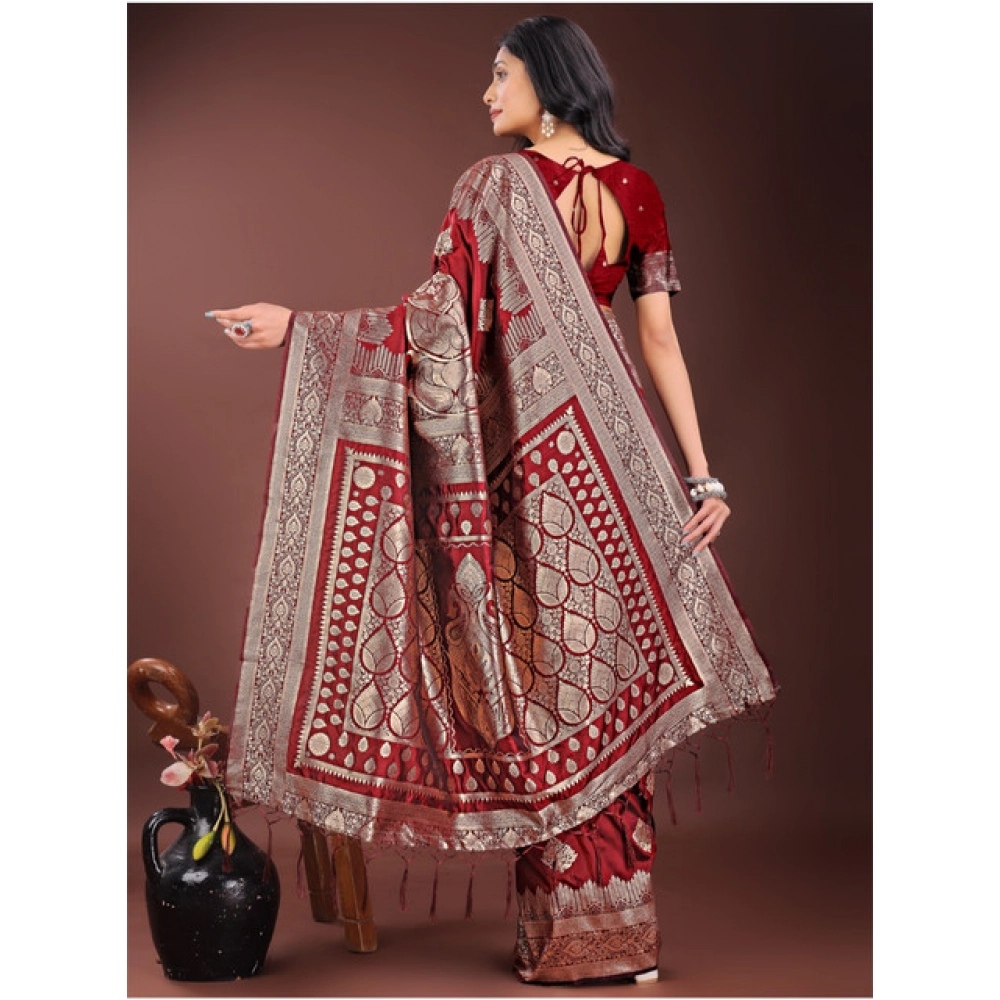 Women's Silk Printed Saree With Unstitched Blouse 5.5Mtr (Maroon) Women's Silk Printed Saree With Unstitched Blouse 5.5Mtr (Maroon)