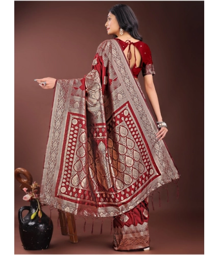Women's Silk Printed Saree With Unstitched Blouse 5.5Mtr (Maroon)