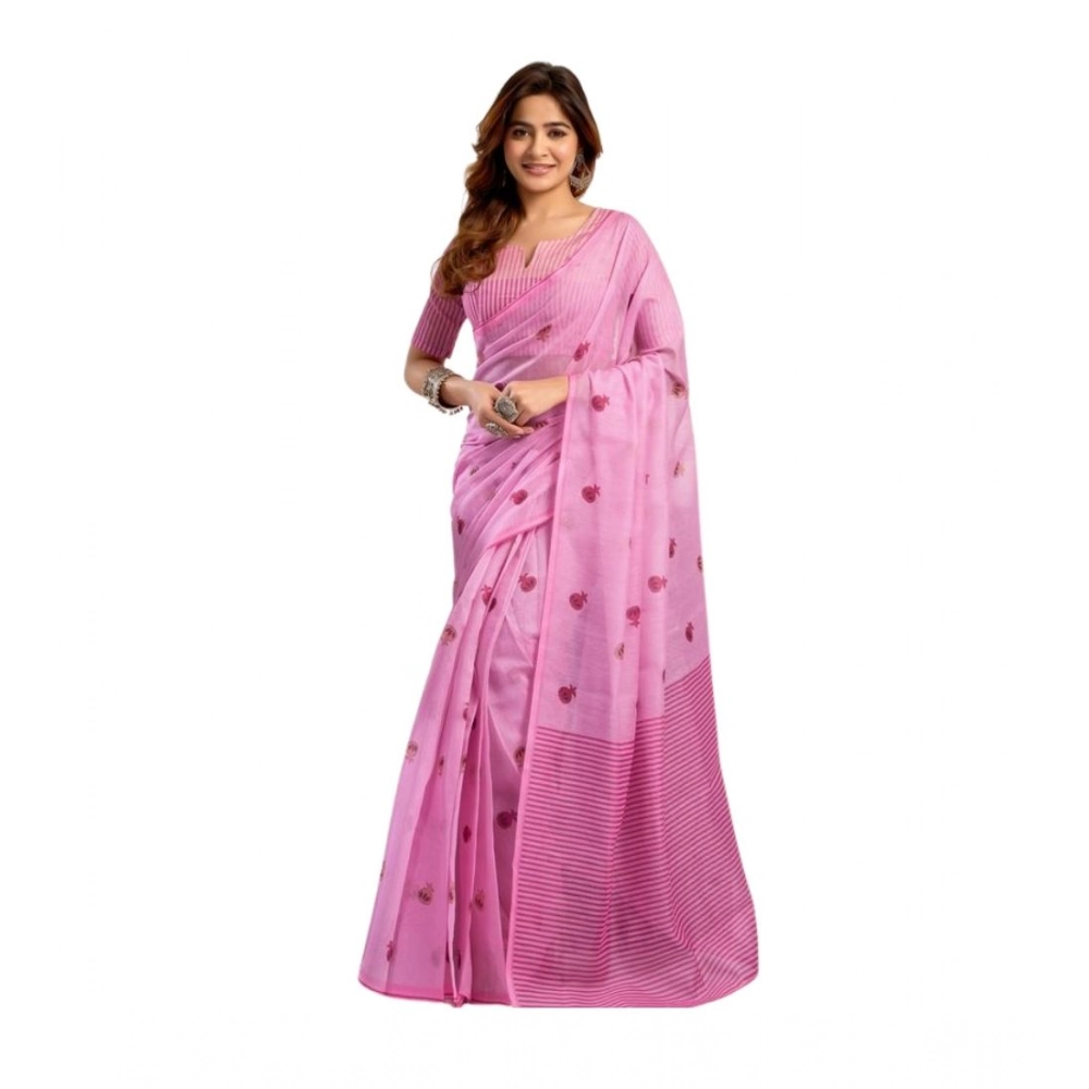 Women's Linen Cotton Printed Ready To Wear Saree With Unstitched Blouse 5.5 Mtr (Light_Pink)