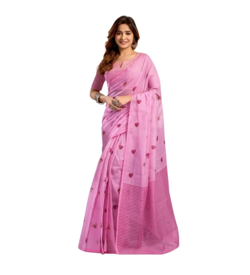 Women's Linen Cotton Printed Ready To Wear Saree With Unstitched Blouse 5.5 Mtr (Light_Pink)