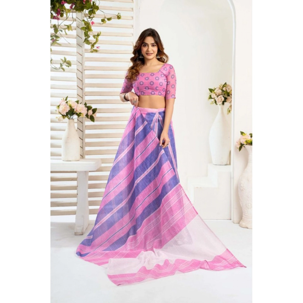 Women's Linen Cotton Printed Ready To Wear Saree With Unstitched Blouse 5.5 Mtr (Pink)