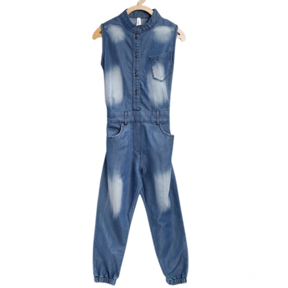 Girl's Denim Embellished Sleeveless Jumpsuit (Blue) Girl's Denim Embellished Sleeveless Jumpsuit (Blue)