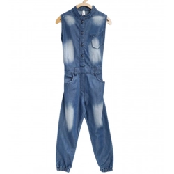 Girl's Denim Embellished Sleeveless Jumpsuit (Blue)