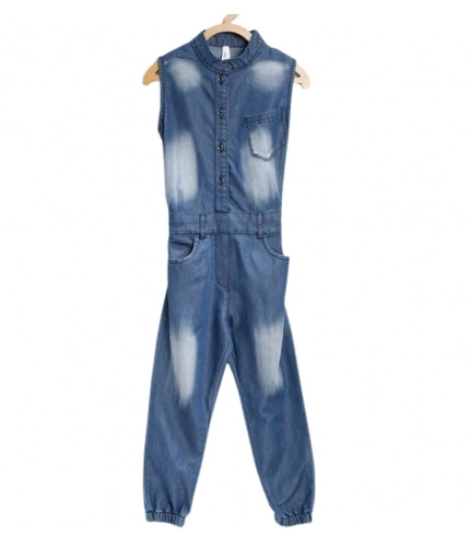 Girl's Denim Embellished Sleeveless Jumpsuit (Blue)