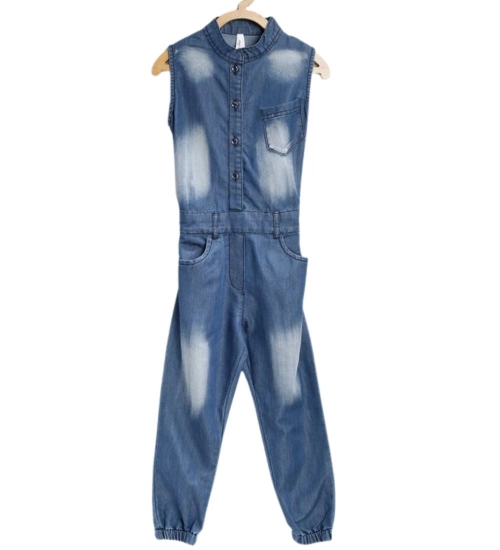 Girl's Denim Embellished Sleeveless Jumpsuit (Blue)