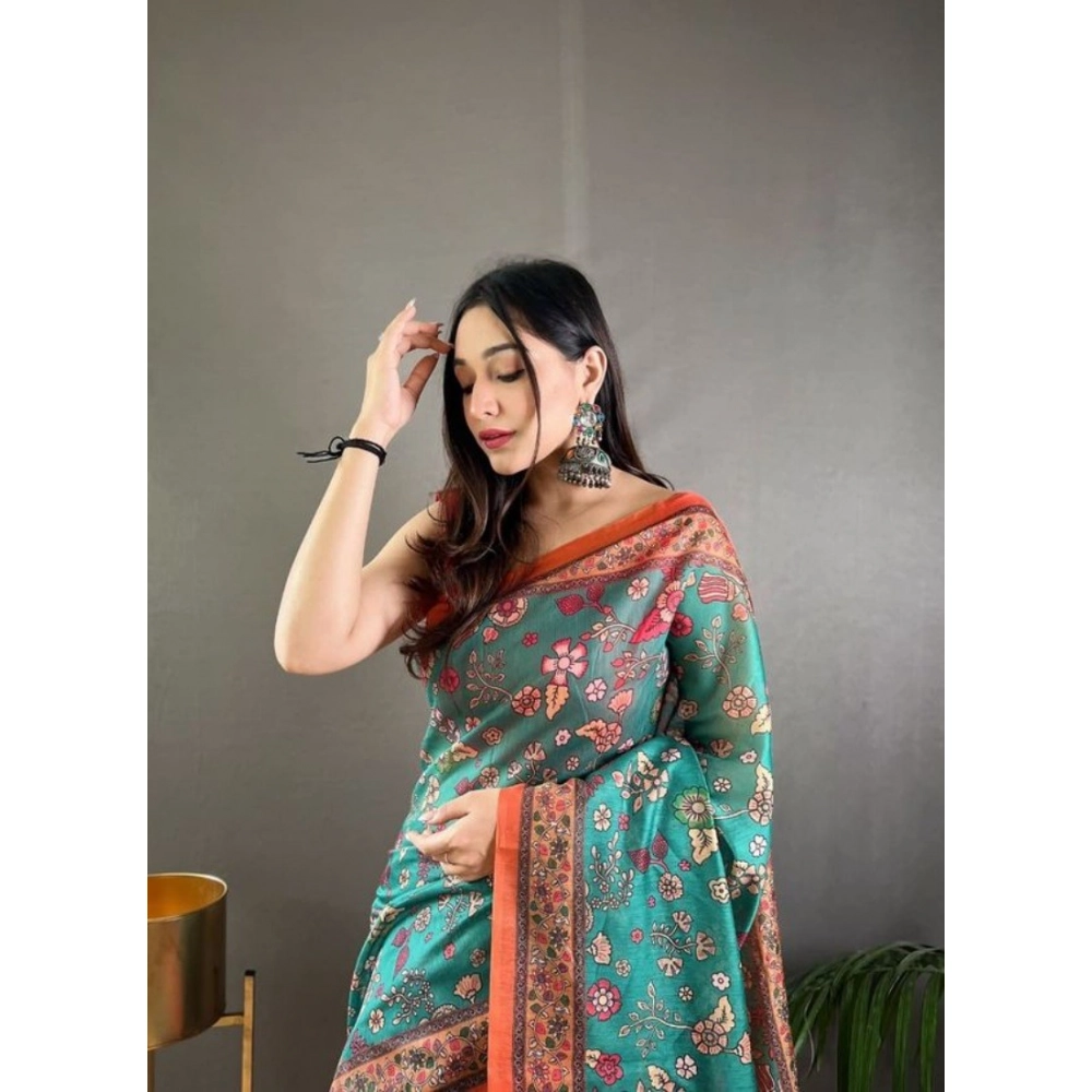 Women's Linen Printed Saree With Unstitched Blouse 5.5Mtr (Olive) Women's Linen Printed Saree With Unstitched Blouse 5.5Mtr (Olive)