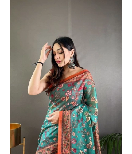 Women's Linen Printed Saree With Unstitched Blouse 5.5Mtr (Olive) Women's Linen Printed Saree With Unstitched Blouse 5.5Mtr (Olive)