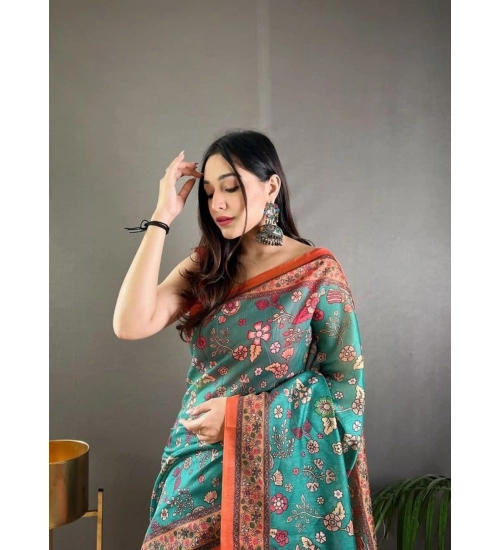 Women's Linen Printed Saree With Unstitched Blouse 5.5Mtr (Olive)