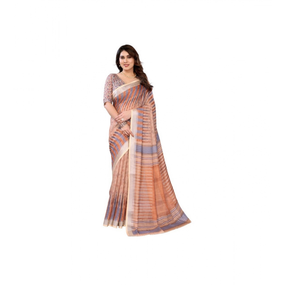 Women's Linen Cotton  Printed Saree With Unstitched Blouse 5.5Mtr (Brown)