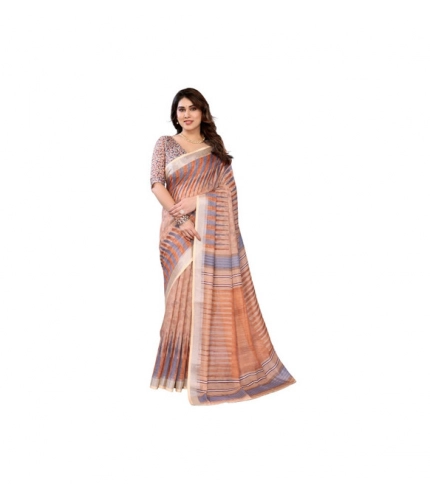 Women's Linen Cotton  Printed Saree With Unstitched Blouse 5.5Mtr (Brown)