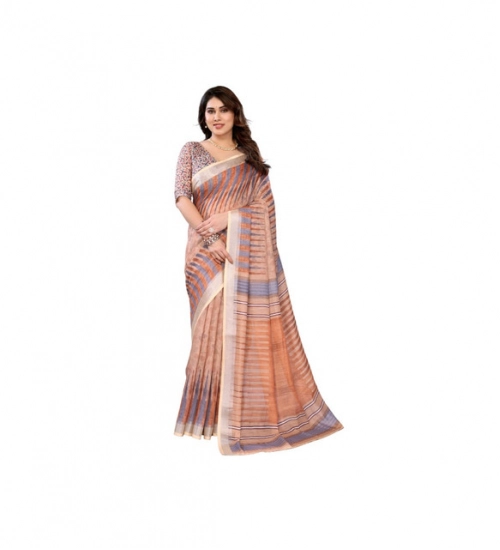 Women's Linen Cotton  Printed Saree With Unstitched Blouse 5.5Mtr (Brown)