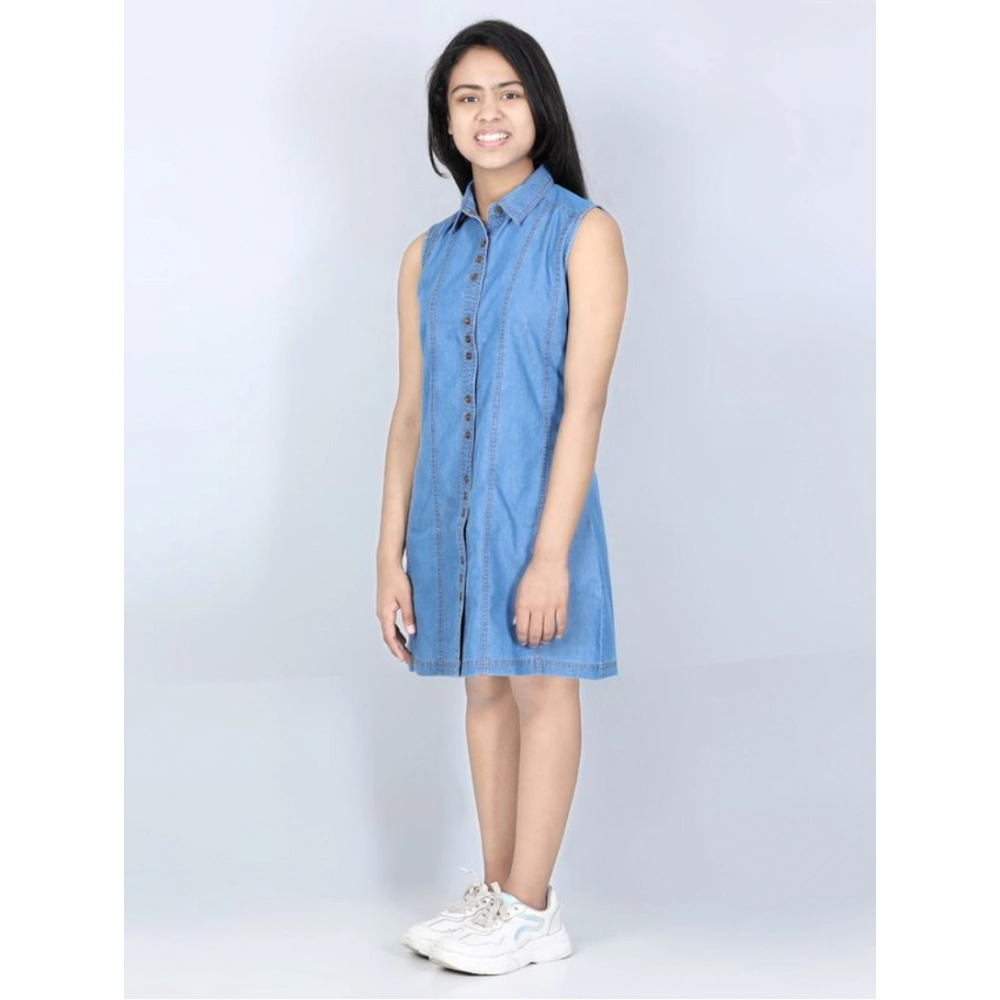 Girl's Denim Solid Cold Shoulder Dress (Blue)