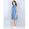 Girl's Denim Solid Cold Shoulder Dress (Blue)