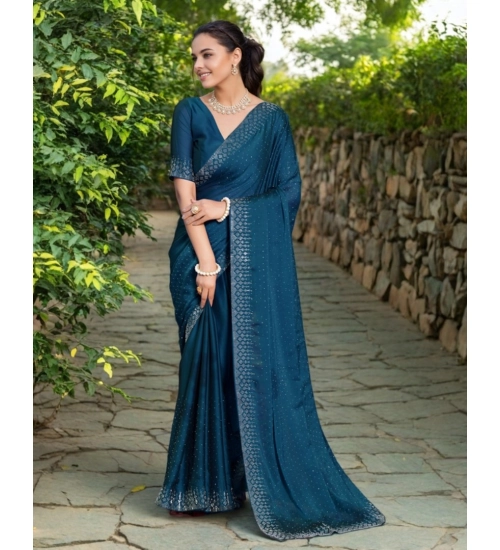 Women's Rangoli Diamond Weaving - Stone Work Saree With Unstitched Blouse 5.5Mtr (Teal)