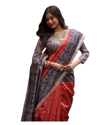 Women's Faux_Tussar Ethnic_Print Saree With Unstitched Blouse 5.5Mtr (Rust)