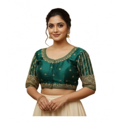 Women's Phantom Silk Embroidered Designer Neck Padded Blouse (Teal 38 Ready (Alterable up to 42)