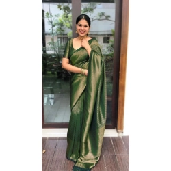 Women's Litchi silk Printed Saree With Unstitched Blouse (Green)
