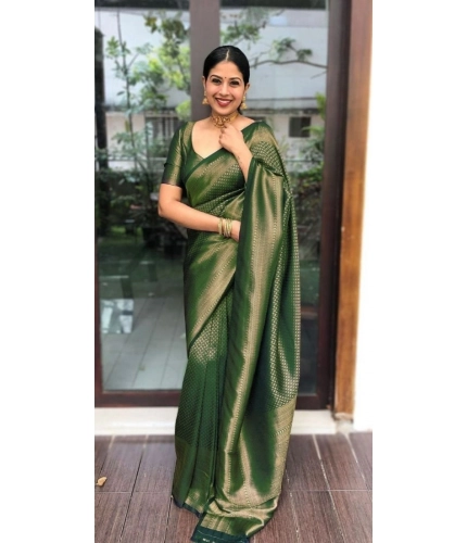 Women's Litchi silk Printed Saree With Unstitched Blouse (Green)