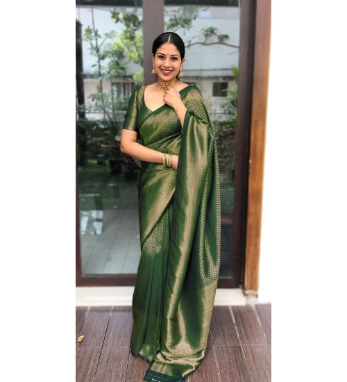 Women's Litchi silk Printed Saree With Unstitched Blouse (Green)