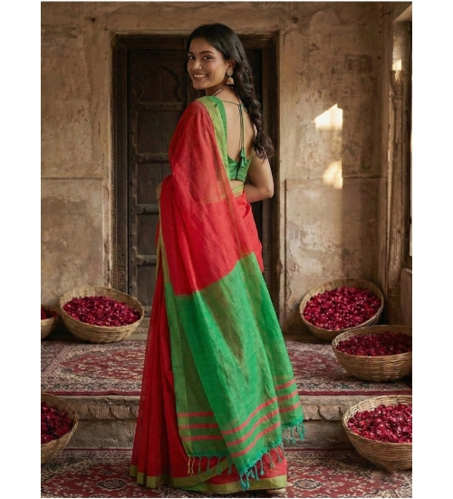 Women's Cotton Printed Saree With Unstitched Blouse 5.5Mtr (Red) Women's Cotton Printed Saree With Unstitched Blouse 5.5Mtr (Red)