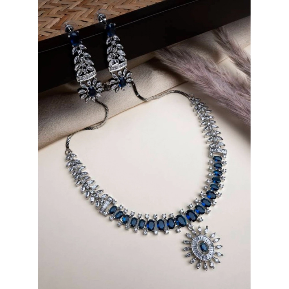 Women's Brass Silver Plated Necklace set (Blue)