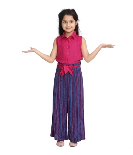 Girl's Rayon Colour Block Sleeveless Jumpsuit (Pink-Blue)