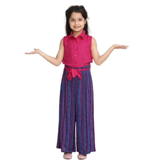 Girl's Rayon Colour Block Sleeveless Jumpsuit (Pink-Blue)