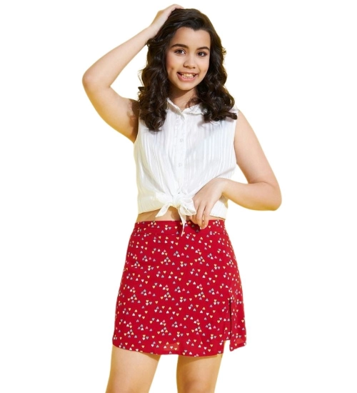 Girl's Polyester Lurex Printed Sleeveless Skorts Set (White-Red)