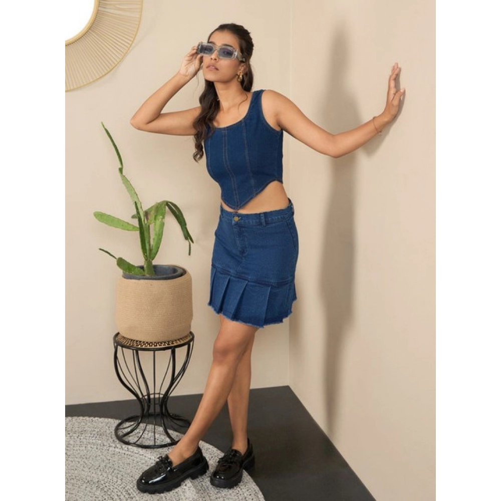 Women's Denim Washed Buttoned Skirt (Blue) Women's Denim Washed Buttoned Skirt (Blue)