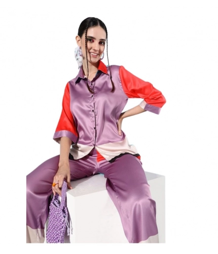 Women's Satin Colour Block Long Sleeves Co-Ord Set (Multicolor)