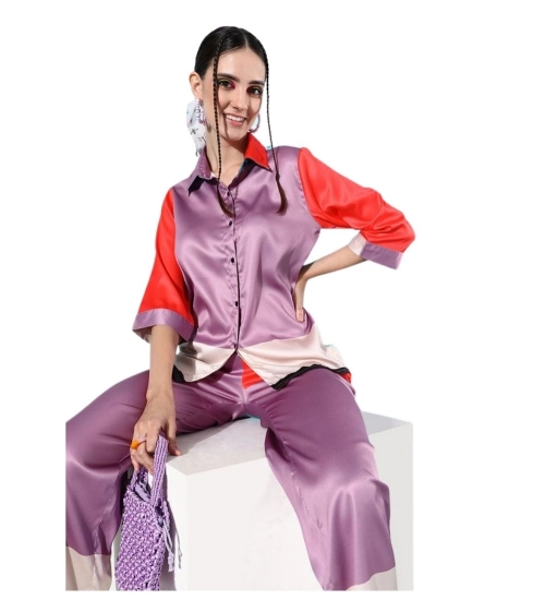 Women's Satin Colour Block Long Sleeves Co-Ord Set (Multicolor)