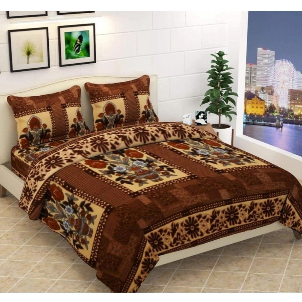Fleece Floral Printed Double Polar Warm Bedsheet with 2 Pillow Cover (Brown) Fleece Floral Printed Double Polar Warm Bedsheet with 2 Pillow Cover (Brown)