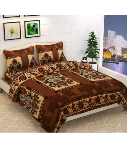 Fleece Floral Printed Double Polar Warm Bedsheet with 2 Pillow Cover (Brown)