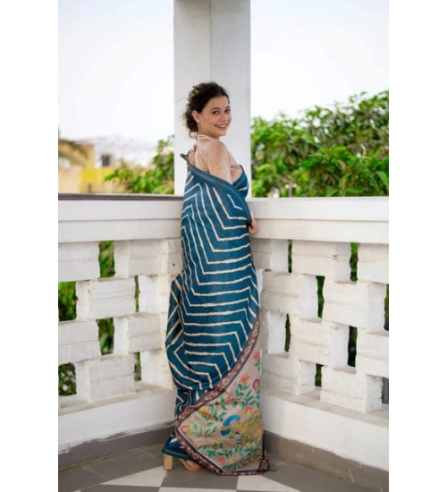 Women's Faux_Tussar_Silk Geometric_Print Saree With Unstitched Blouse 5.5Mtr (Blue)