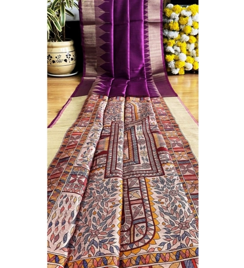 Women's Tussar Silk Madhubani Saree With Unstitched Blouse 5.5Mtr (Purple)