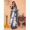 Women's Linen Cotton Printed Saree With Unstitched Blouse 5.5Mtr (White-Black)