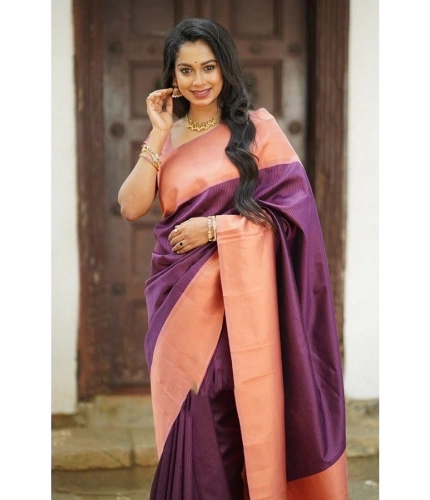 Women's Soft Lichi Silk Printed Saree With Unstitched Blouse 5.5Mtr (Purple)