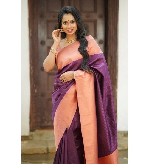 Women's Soft Lichi Silk Printed Saree With Unstitched Blouse 5.5Mtr (Purple)
