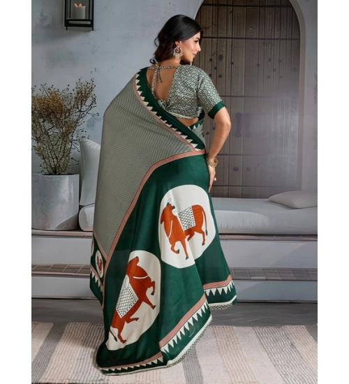 Women's Satin Crepe Printed Saree With Unstitched Blouse 5.5Mtr (Green)