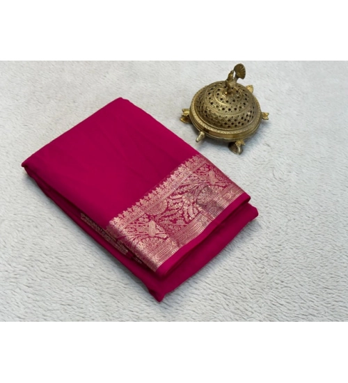 Women's Crepe Chit Pallu Solid Saree With Unstitched Blouse 5.5Mtr (Pink)