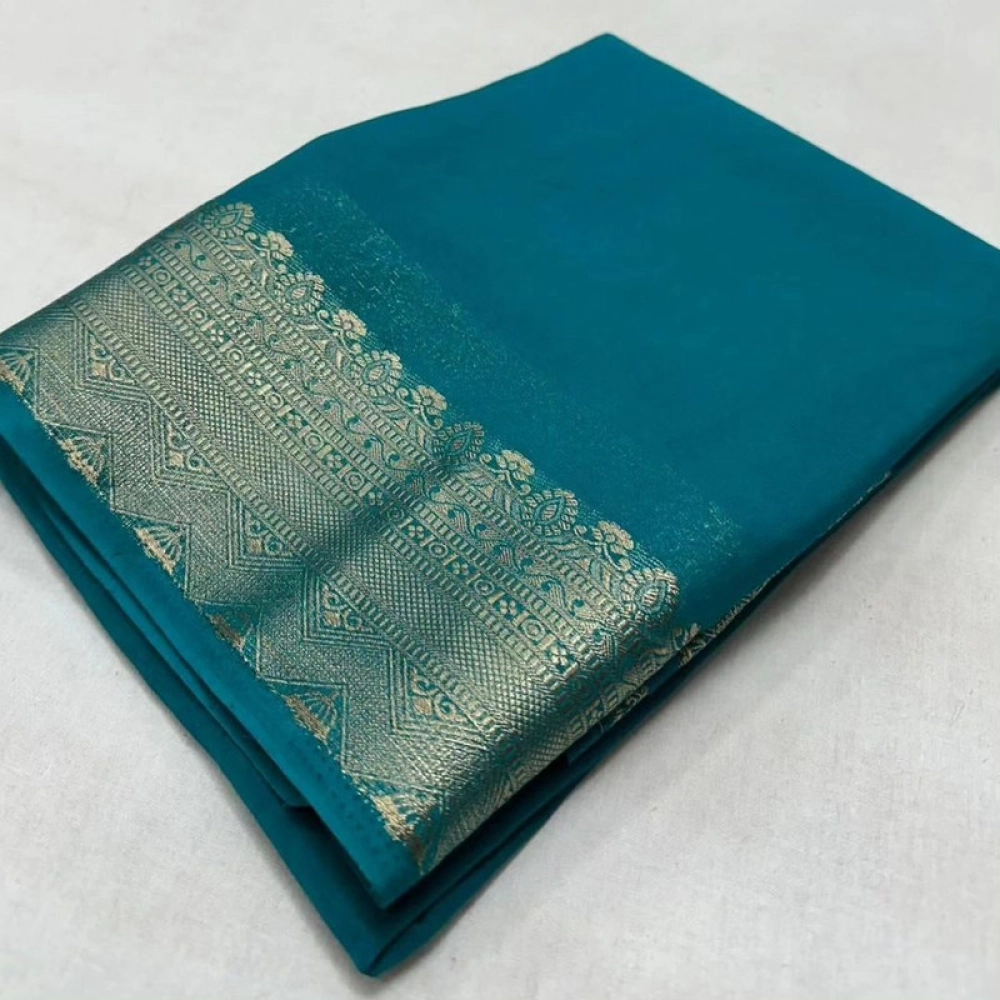 Women's Crepe Chit Pallu Solid Saree With Unstitched Blouse 5.5Mtr (Sky Blue) Women's Crepe Chit Pallu Solid Saree With Unstitched Blouse 5.5Mtr (Sky Blue)