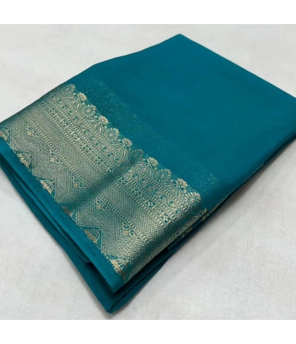 Women's Crepe Chit Pallu Solid Saree With Unstitched Blouse 5.5Mtr (Sky Blue)